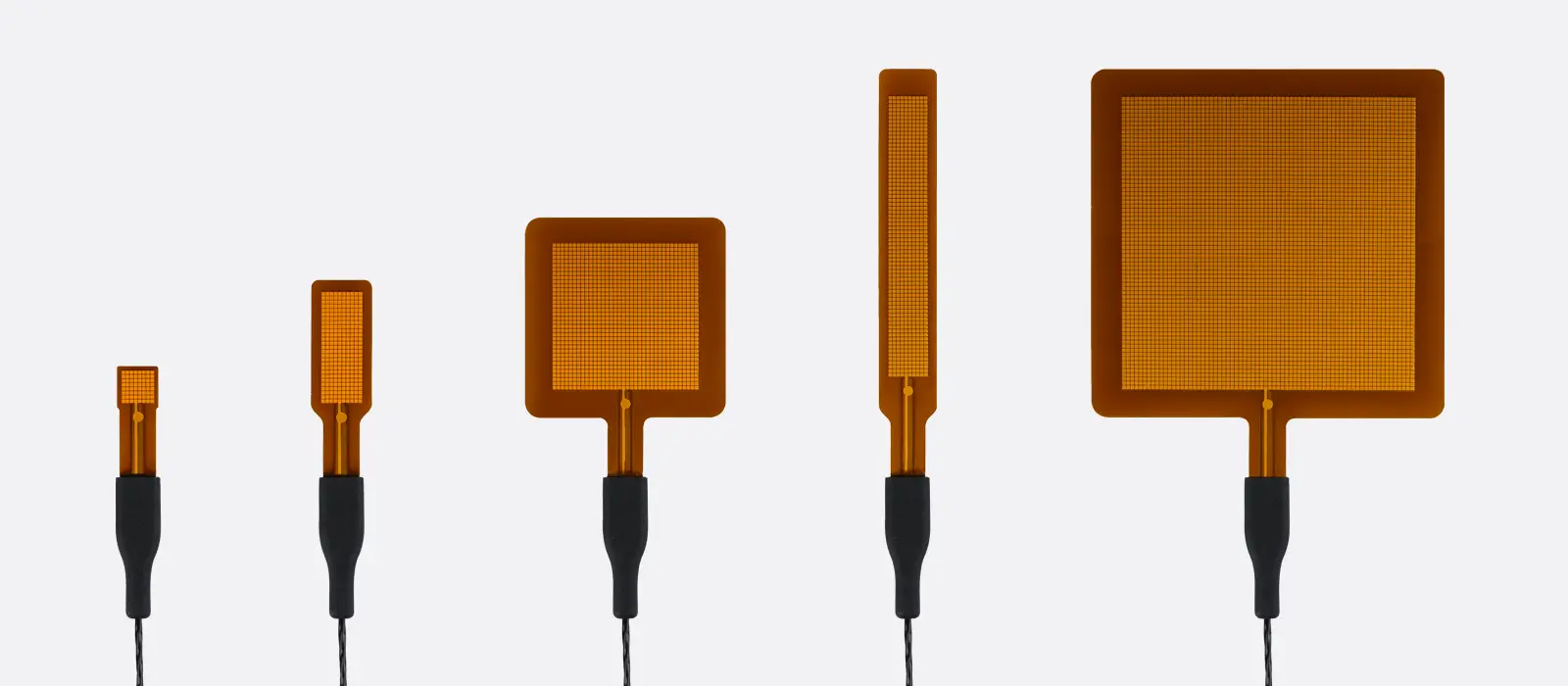 Overview of five FHF05 heat flux sensor models with varying dimensions and sensitivities, designed for flexible mounting in industrial thermal analysis.