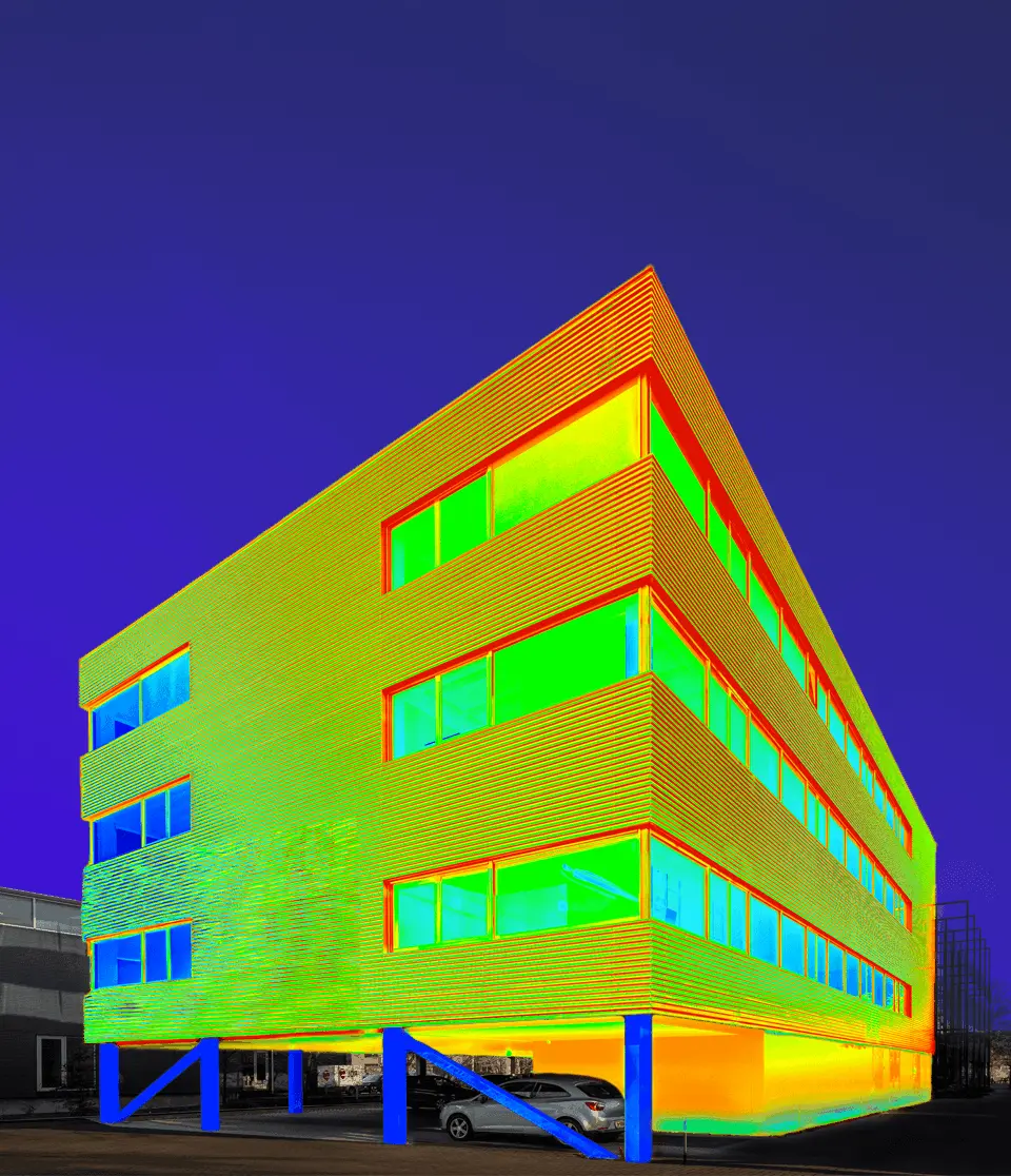 Building physics analysis showing a thermal heat profile to identify areas of energy leakage and insulation performance.