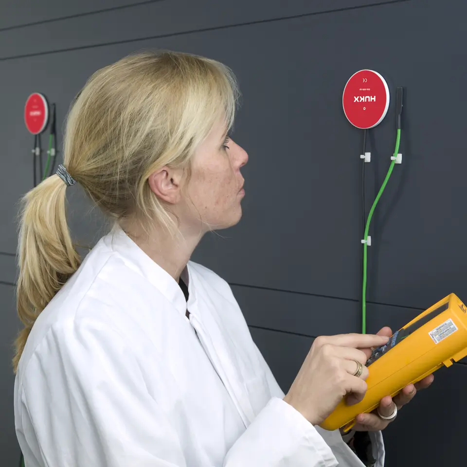 HFP01 heat flux sensor mounted on an interior wall for R-value and thermal transmittance measurement according to ISO 9869.