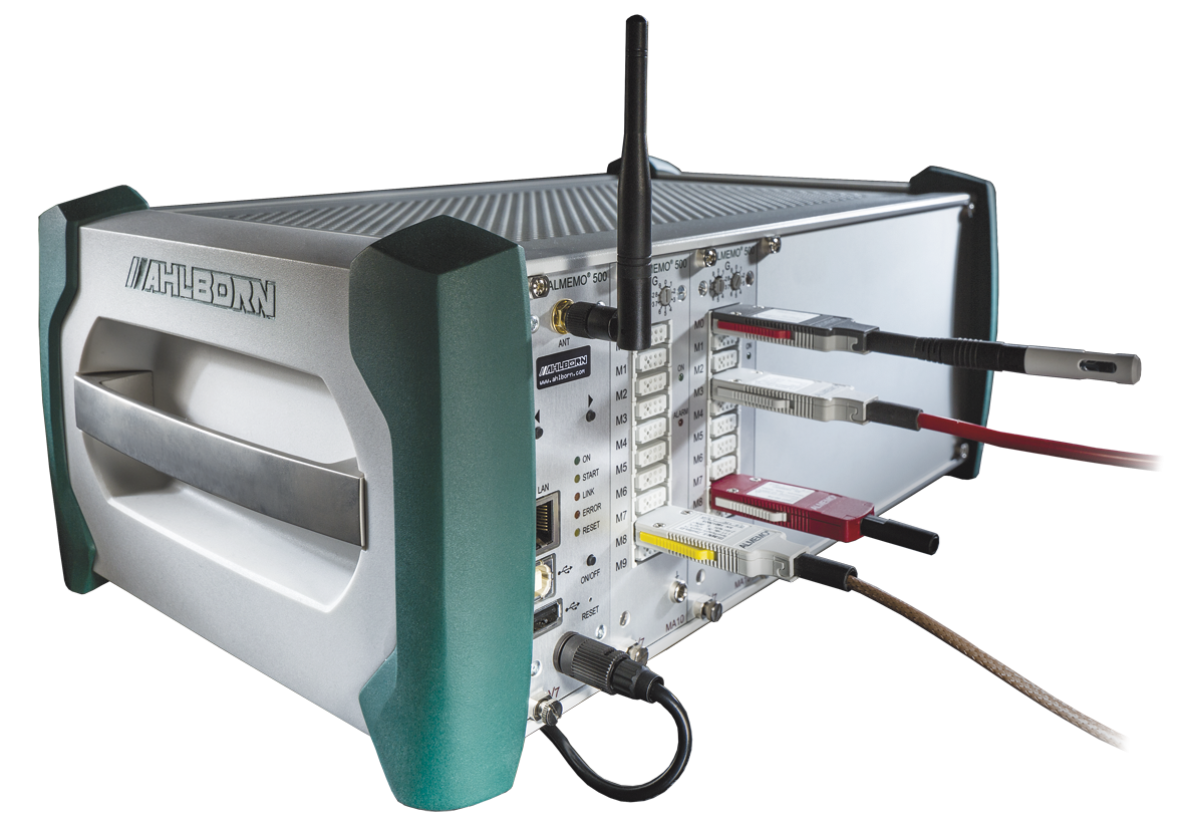The ALMEMO 500 data logger showing multiple intelligent connectors attached for modular sensor integration.