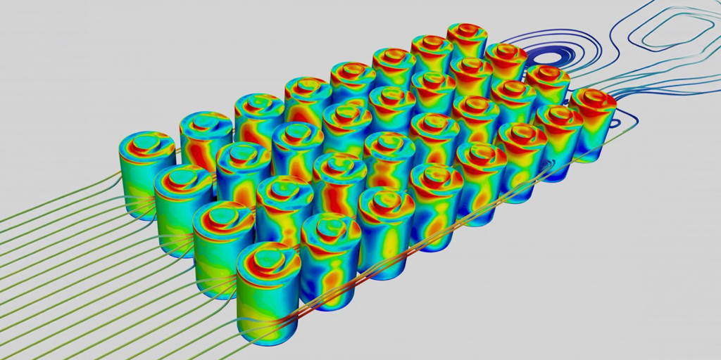 Thermal CFD simulation of a battery pack showing heat distribution profiles used for validating thermal management models with FHF05 heat flux sensors.