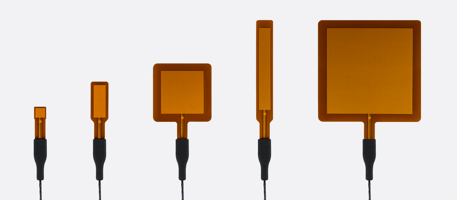 Overview of the various dimensions available in the FHF05 foil heat flux sensor series, highlighting their thin and flexible profile.